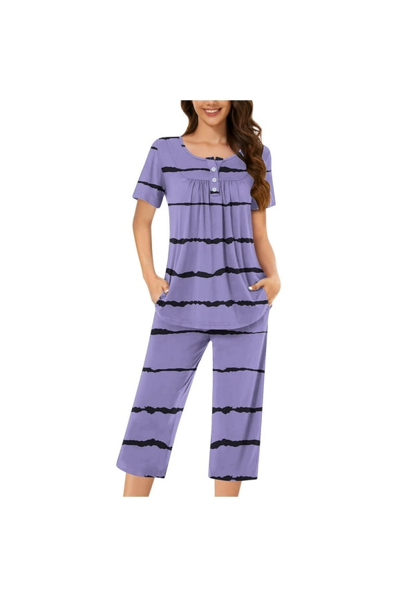 Summer Outfits for Women Casual Print Cute Round Neck Buttons Short Sleeve Tops Soft Pocketed Capri Pants 2 Piece Sets