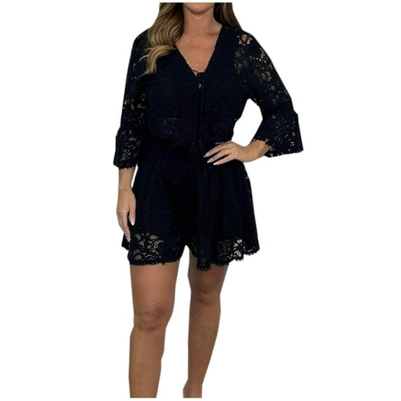 cfhntfmh Summer Outfits for Women Lace Long Sleeve V Neck Fashion T-Shirts Breathable Baggy Shorts Plus Size 2 Piece Sets
