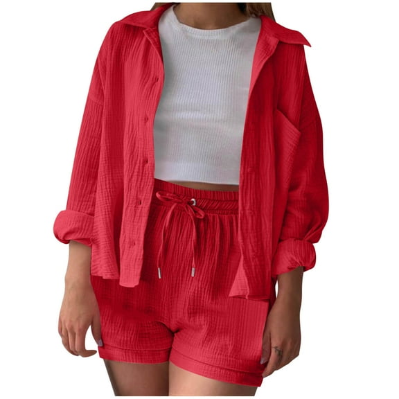 cfhntfmh Summer Outfits for Women Long Sleeve Casual Lapel Collared Buttons down Shirts Baggy Shorts 2 Piece Lounge Sets