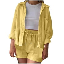cfhntfmh Summer Outfits for Women Long Sleeve Casual Lapel Collared Buttons down Shirts Baggy Shorts 2 Piece Lounge Sets