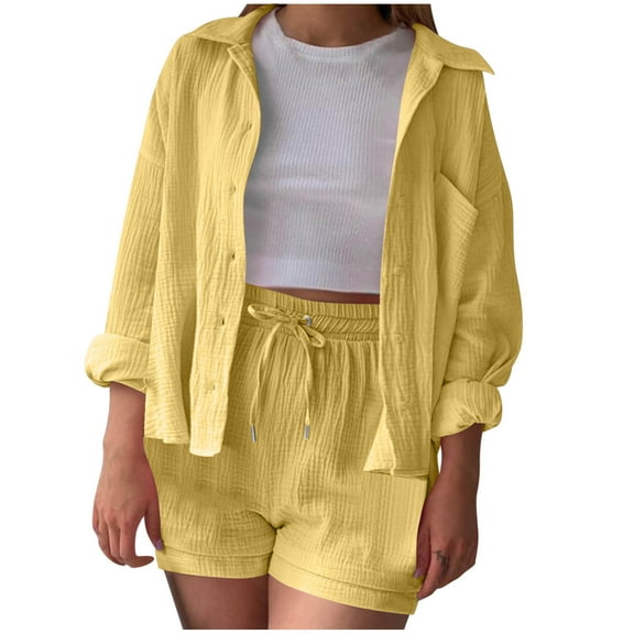 cfhntfmh Summer Outfits for Women Long Sleeve Casual Lapel Collared Buttons down Shirts Baggy Shorts 2 Piece Lounge Sets