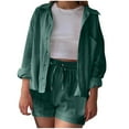 thumbnail image 1 of cfhntfmh Summer Outfits for Women Long Sleeve Casual Lapel Collared Buttons down Shirts Baggy Shorts 2 Piece Lounge Sets, 1 of 4