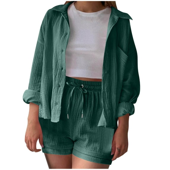 cfhntfmh Summer Outfits for Women Long Sleeve Casual Lapel Collared Buttons down Shirts Baggy Shorts 2 Piece Lounge Sets