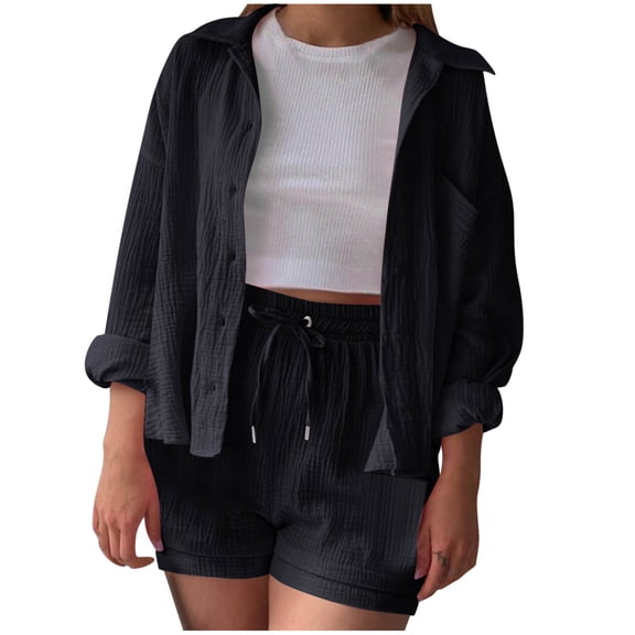 cfhntfmh Summer Outfits for Women Long Sleeve Casual Lapel Collared Buttons down Shirts Baggy Shorts 2 Piece Lounge Sets