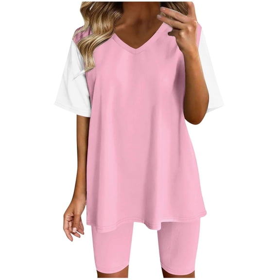 cfhntfmh Summer Outfits for Women Lounge V Neck Patchwork Short Sleeve Loose Shirts Slim Shorts 2 Piece Casual Sets