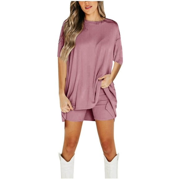 cfhntfmh Summer Outfits for Women Ribbed Loose Round Neck Half Sleeve Casual Shirts Knit Skinny Biker Shorts 2 Piece Lounge Sets