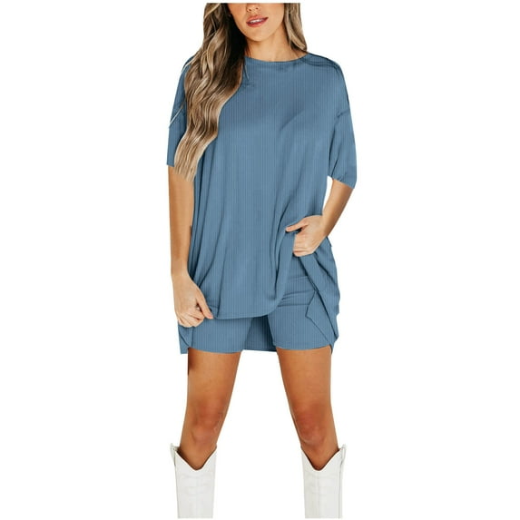 cfhntfmh Summer Outfits for Women Ribbed Loose Round Neck Half Sleeve Casual Shirts Knit Skinny Biker Shorts 2 Piece Lounge Sets