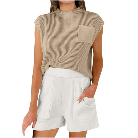 cfhntfmh Summer Outfits for Women Soft Knitted Mock Neck Cap Sleeve Shirts Formal Loose Wide Leg Shorts Lounge Sets with Pockets