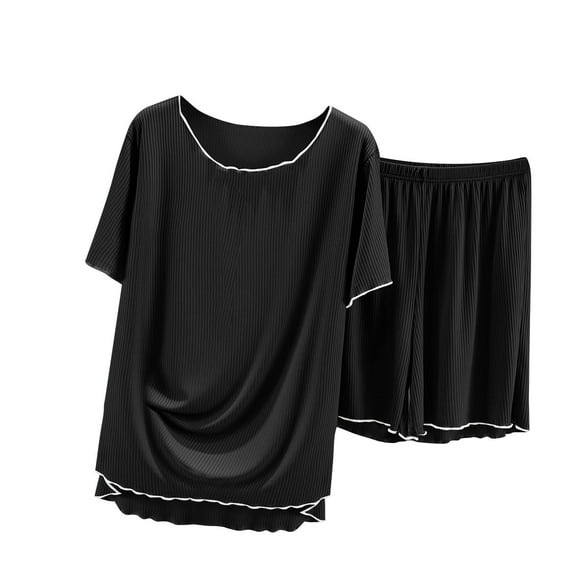 cfhntfmh Summer Pajama Set for Women Short Sleeve Tops Wide Leg Shorts Ribbed Homewear 2 Piece Outfit