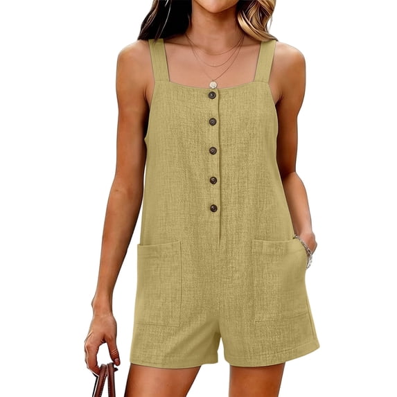 cfhntfmh Summer Rompers for Women Casual Loose Fit Shorts Square Neck Sleeveless Button Jumpsuits Summer Vacation Clothes