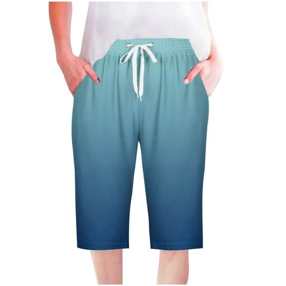 cfhntfmh Summer Shorts for Women Loose Casual Knee Length Beach Shorts Drawstring High Waisted Wide Leg Capri Pants