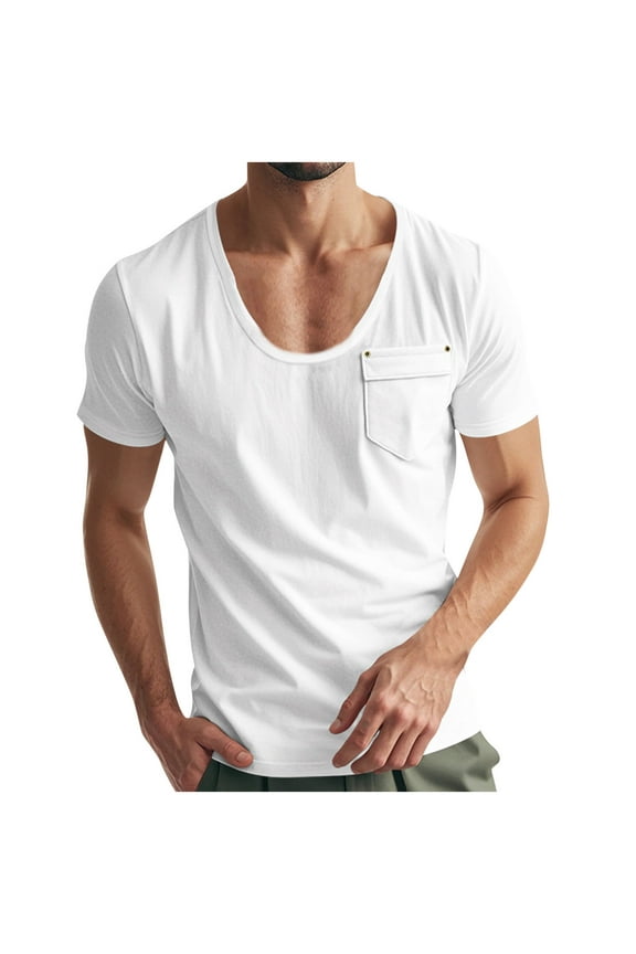 Summer T-Shirts for Men Loose Short Sleeve Basic Tops Casual Soft Scoop Neck Solid Color Beach Shirts with Pocket