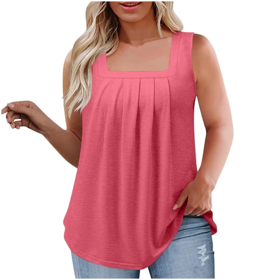cfhntfmh Summer Tank Tops for Women Plus Size Loose Fit Pleated Square Neck Sleeveless Tops Curved Hem Flowy Tunic