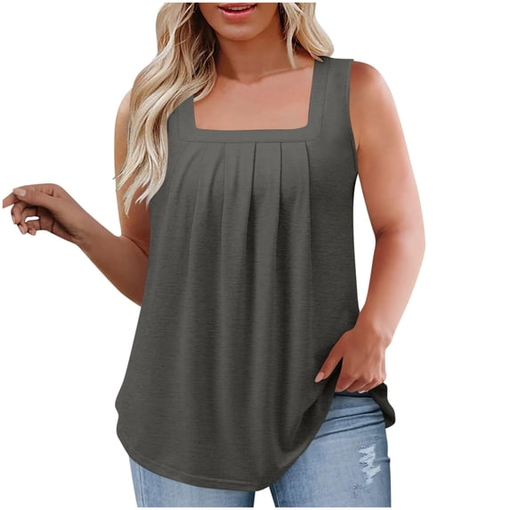 cfhntfmh Summer Tank Tops for Women Plus Size Loose Fit Pleated Square Neck Sleeveless Tops Curved Hem Flowy Tunic