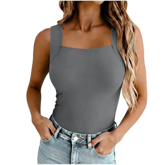 cfhntfmh Summer Tank Tops for Women with Built in Bra Square Neck Slim Fit Sleeveless Shirts Workout Basic Tee Shirts