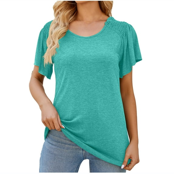 cfhntfmh Summer Tops for Women Casual Ruffle Short Sleeve Loose Basic Tees Smocked Solid Color Comfy T-Shirts