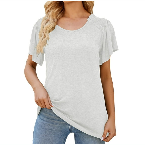 cfhntfmh Summer Tops for Women Casual Ruffle Short Sleeve Loose Basic Tees Smocked Solid Color Comfy T-Shirts