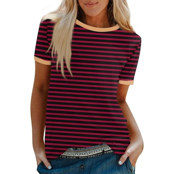 cfhntfmh Summer Tops for Women 2024 Trendy Print Short Sleeve Lounge Shirts Color Block Loose Round Neck Basic Tees