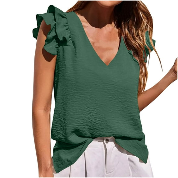 cfhntfmh Summer Tops for Women Casual Ruffle Cap Sleeve Basic Tank Tops Loose V Neck Solid Color Beach Shirts
