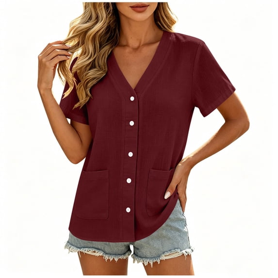 cfhntfmh Summer Tops for Women Casual Short Sleeve Shirts Business Work Blouse V Neck Button down Tops with Pockets