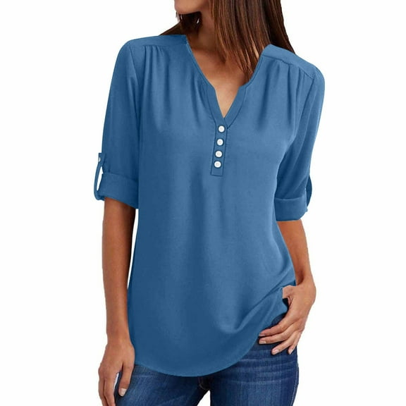cfhntfmh Summer Tops for Women Chiffon V Neck Buttons Dressy Casual T-Shirts Fashion Roll up 3/4 Sleeve Tunic Tops