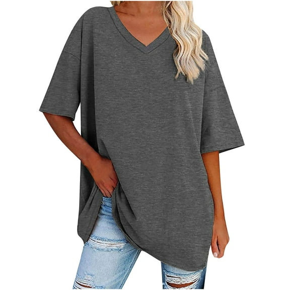 cfhntfmh Summer Tops for Women Comfy V Neck Solid Color Oversized Shirts Loose Casual Half Sleeve Vacation T-Shirts