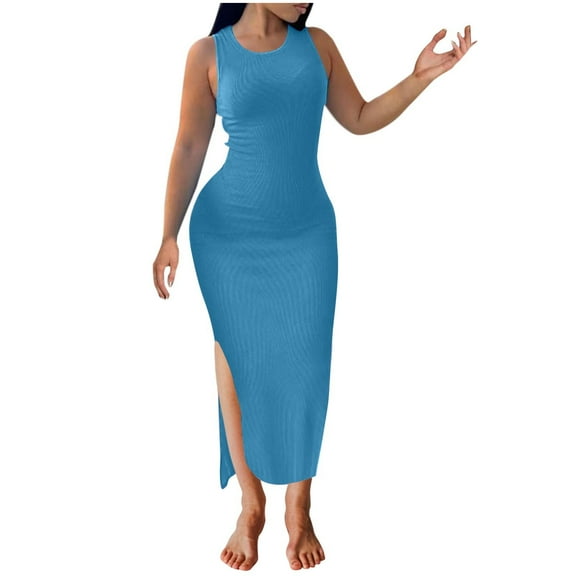 cfhntfmh Sundresses for Women Elegant Round Neck Sleeveless Tank Tops Dress Summer Trendy High Side Slit Bodycon Midi Dress