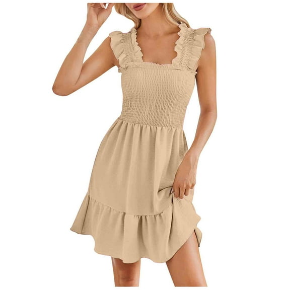 cfhntfmh Sundresses for Women Elegant Smocked Square Neck Ruffle Short Sleeve Mini Dress Tiered Baggy Party Short Dress