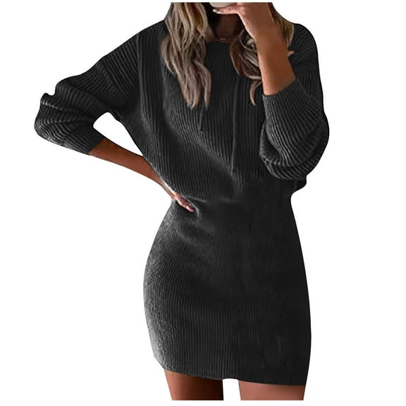 cfhntfmh Sweater Dresses for Women Soft Crewneck Knit Pullover Hoodies Dress Warm Long Sleeve Solid Color Midi Dress