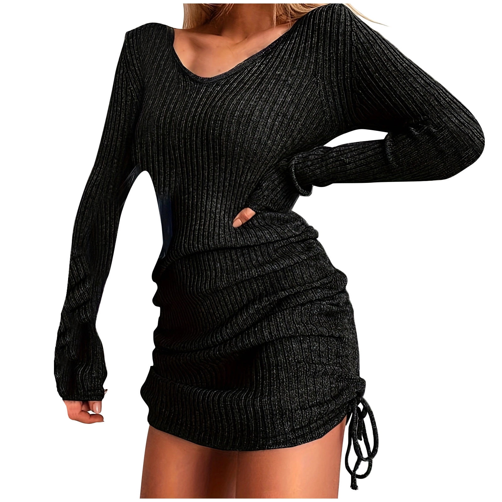 cfhntfmh Sweater Dresses for Women Soft V Neck Long Sleeve Knit Pullover  Dress Comfy Casual Ruched Party Mini Dress - Walmart.com