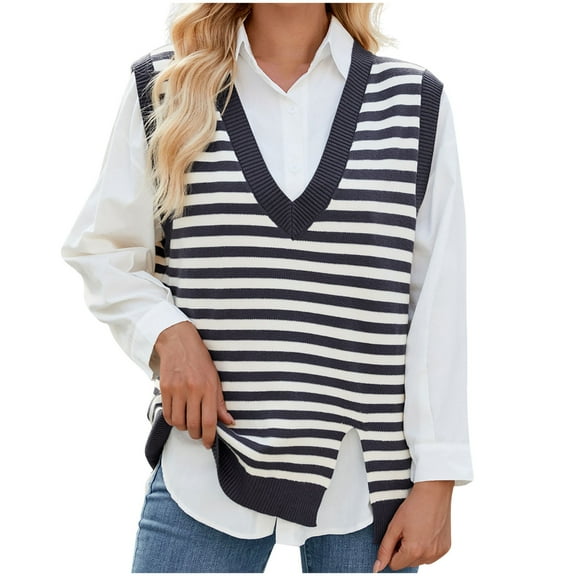 cfhntfmh Sweater Vest for Women Striped Casual Pullover Tank Top V Neck Sleeveless Tops Side Split Cropped Tops