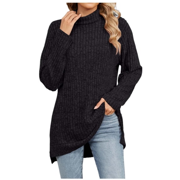 cfhntfmh Sweater for Women Fashion High Neck Long Sleeve Comfy Pullover Tops Fall Winter Ribbed Knit Side Slit Sweater