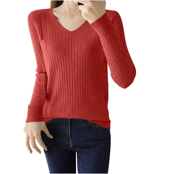 cfhntfmh Sweater for Women Trendy V Neck Long Sleeve Knit Pullover Shirts Fall Comfy Solid Color Tunic Tops