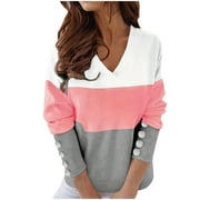 CFHNTFMH Sweater for Women Warm Fleece Long Sleeve Buttons Trim Basic Pullover Shirts Fashion V Neck Color Block Tunic Tops