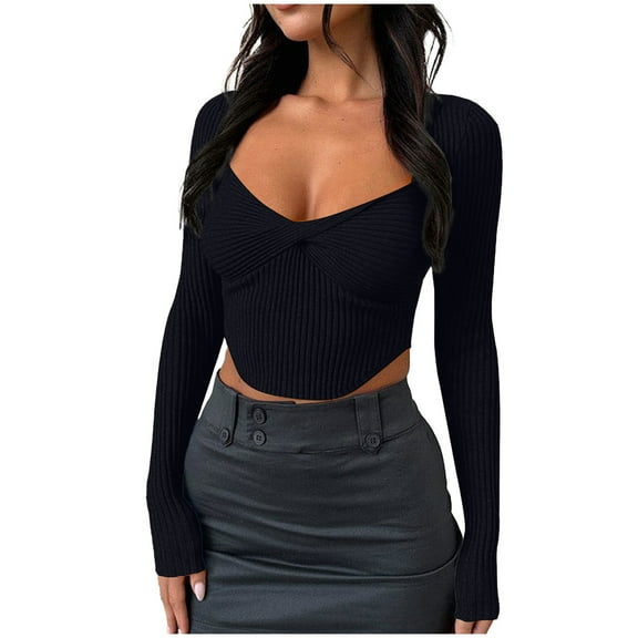 cfhntfmh Sweaters for Women Fall Long Sleeve V Neck Ribbed Knit Sweater Slim Fit Solid Basic Casual Tops Crop Top for Party