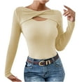 thumbnail image 1 of cfhntfmh Sweaters for Women Fashion Fall Clothes Cutout Tops Long Sleeve Ribbed Slim Fitted Shirts Going Otu Tees（Beige,Small), 1 of 7