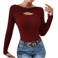 thumbnail image 1 of cfhntfmh Sweaters for Women Fashion Fall Clothes Cutout Tops Long Sleeve Ribbed Slim Fitted Shirts Going Otu Tees（Wine,Large), 1 of 7