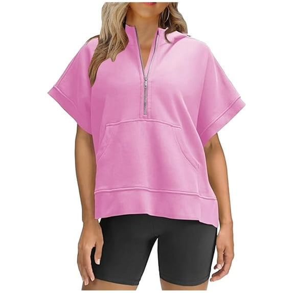 cfhntfmh Sweatshirts for Womens Short Sleeve Pullover Tops Summer Oversized Half Zip Hoodies with Pockets