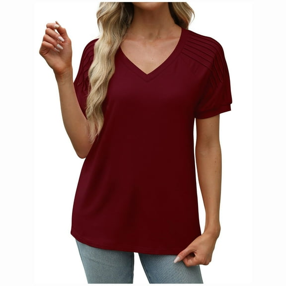 cfhntfmh T Shirts for Women V Neck Dressy Casual Blouses Pleated Short Sleeve Summer Tops Loose Fit Basic Clothes