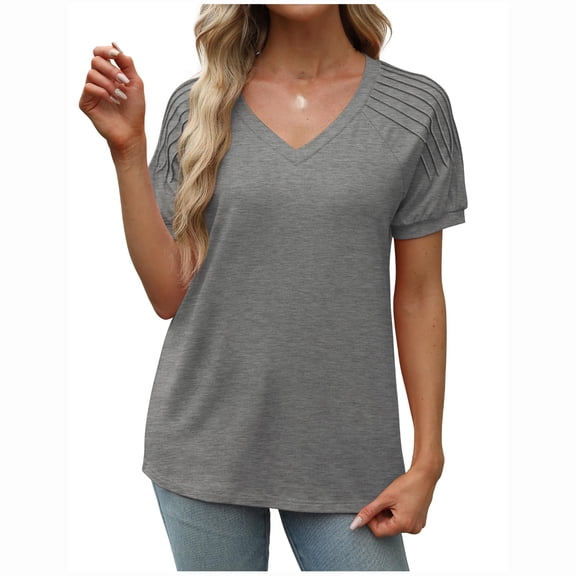 cfhntfmh T Shirts for Women V Neck Dressy Casual Blouses Pleated Short Sleeve Summer Tops Loose Fit Basic Clothes