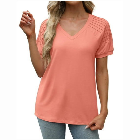 cfhntfmh T Shirts for Women V Neck Dressy Casual Blouses Pleated Short Sleeve Summer Tops Loose Fit Basic Clothes