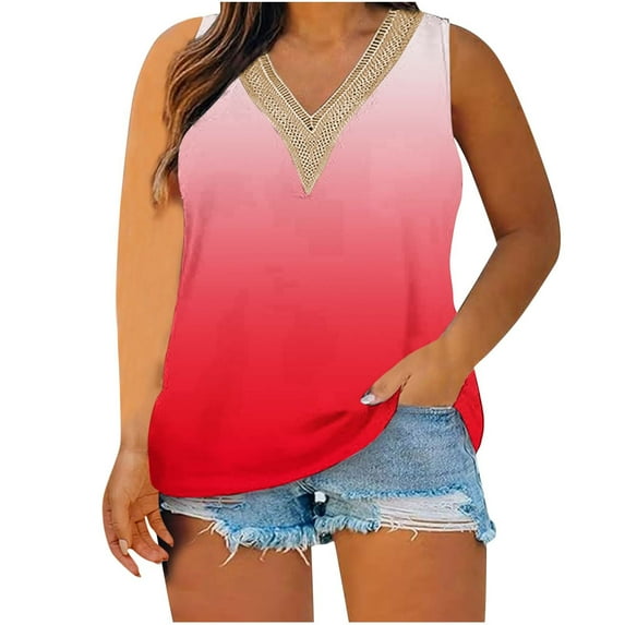 cfhntfmh Tank Tops for Women 2024 Plus Size Casual Print Sleeveless Comfy Shirts Soft Lace V Neck Lounge T-Shirts