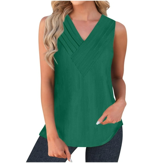 cfhntfmh Tank Tops for Women V Neck Pleated Sleeveless Shirt Summer 2024 Soft Solid Color Tees Clothes
