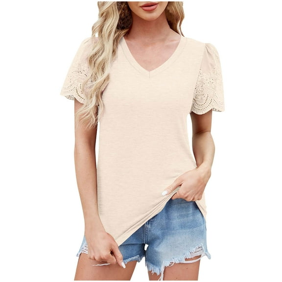 cfhntfmh Tops for Women Lace Short Sleeve Shirts V Neck Casual T Shirts Summer Trendy Outfits Solid Color Loose Fit Clothes