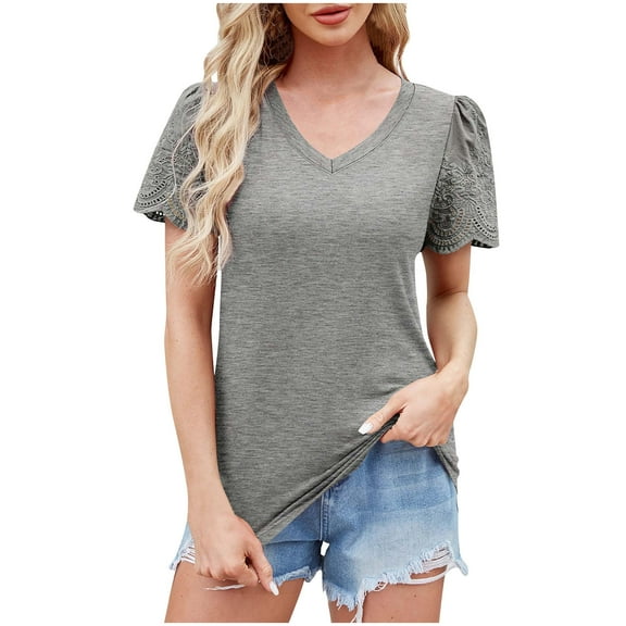cfhntfmh Tops for Women Lace Short Sleeve Shirts V Neck Casual T Shirts Summer Trendy Outfits Solid Color Loose Fit Clothes