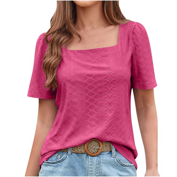cfhntfmh Tops for Women Summer Casual Short Sleeve Square Neck Basic T-Shirts Fashion Hollow out Embroidery Tunic Shirts