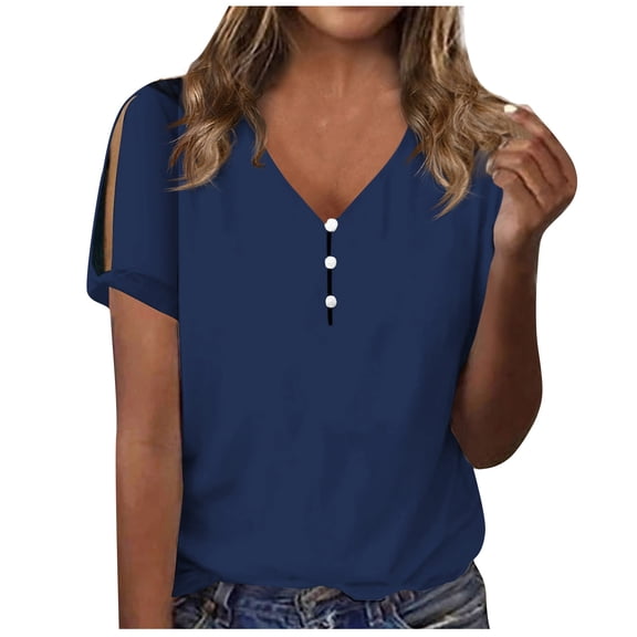 cfhntfmh Tops for Women Trendy Cutout Short Sleeve Casual Summer Shirts Soft V Neck Buttons Solid Color Basic T-Shirts
