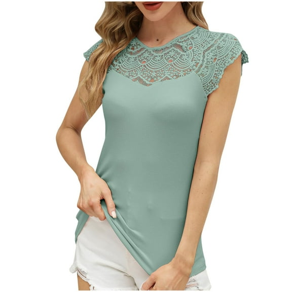 cfhntfmh Tops for Women Trendy Lace Patchwork Round Neck Loose Tees Cap Sleeve Casual Summer Soft Blouses