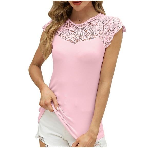 cfhntfmh Tops for Women Trendy Lace Patchwork Round Neck Loose Tees Cap Sleeve Casual Summer Soft Blouses