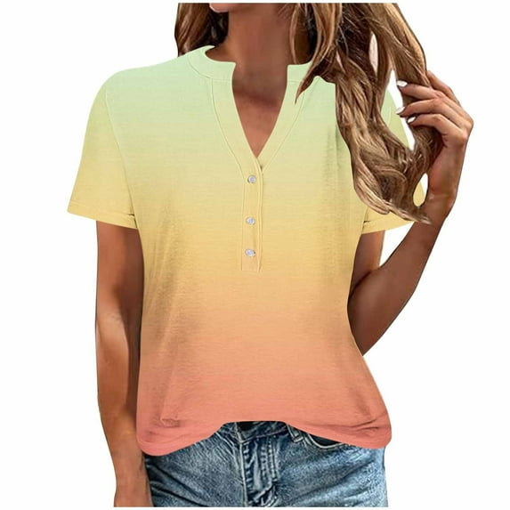 cfhntfmh Tops for Women Trendy V Neck Buttons Short Sleeve Baggy Basic Blouses Fashion Print Casual Summer Tunic Shirts